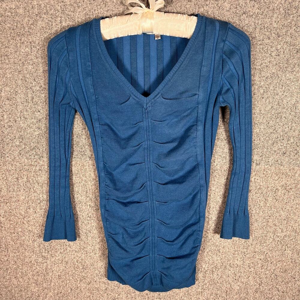 VTG Y2K 90s Ruched Ribbed Form Fitting V-Neck Layering Bella Swan Blue Sz S/M